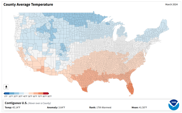 Map of Avg Temperature by County Mar 2024